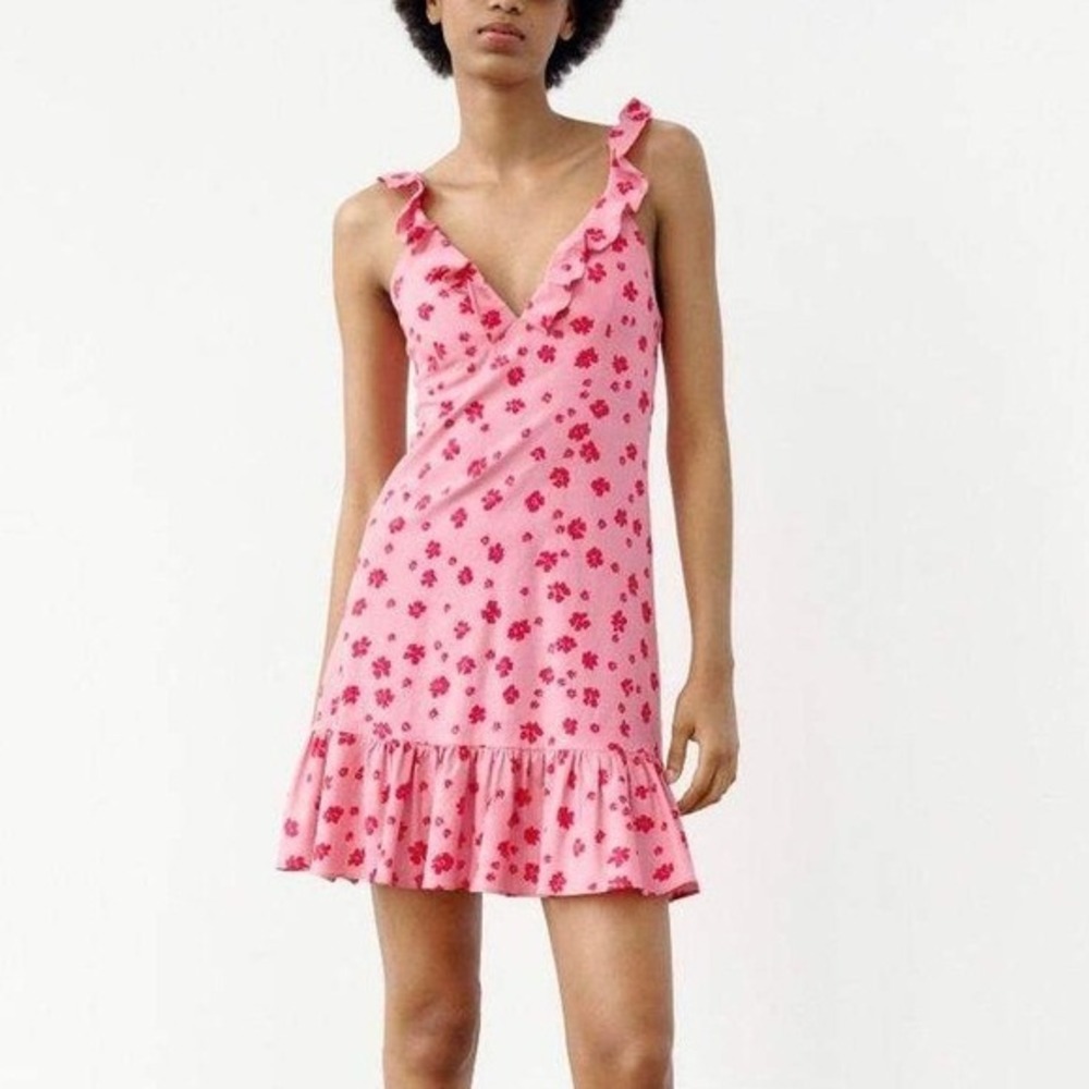 Zara Floral Ruffle Mini Dress Pink Red Coquette Cottagecore Romantic Sundress M